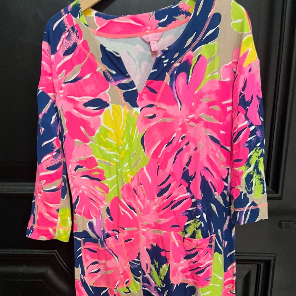 Lilly Pulitzer Palm Leaves Cotton Long Sleeve Dress Pink/Blue/Lime Small